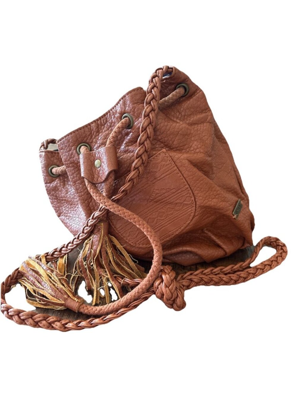 Roxy Brown Faux Leather Braided Handle Bucket Drawstring Closure Shoulder Bag